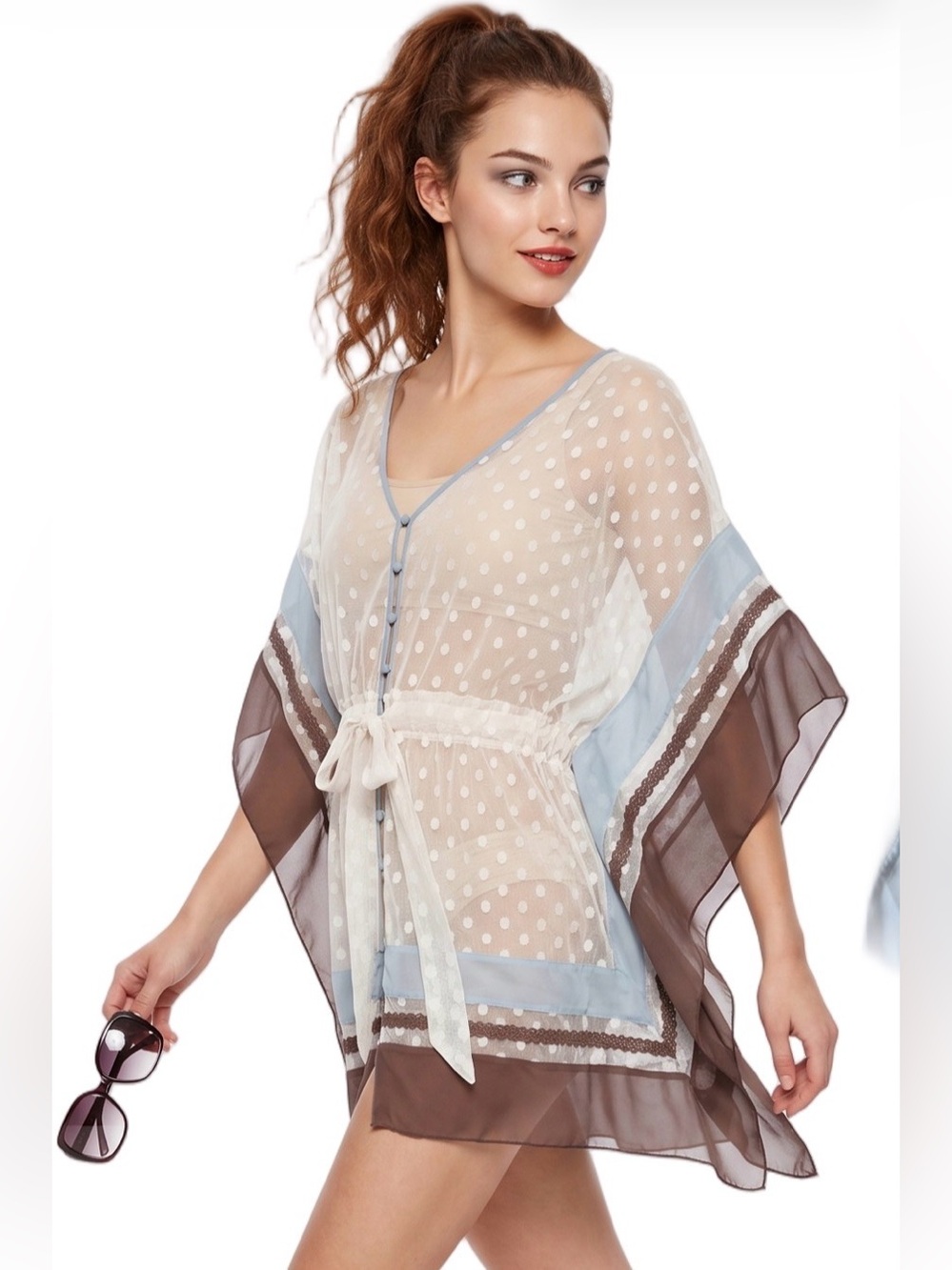 RYU Sheer Polka Dot Mesh Tunic Cinch Waist Ivory Blue Brown Chiffon Lace Caftan